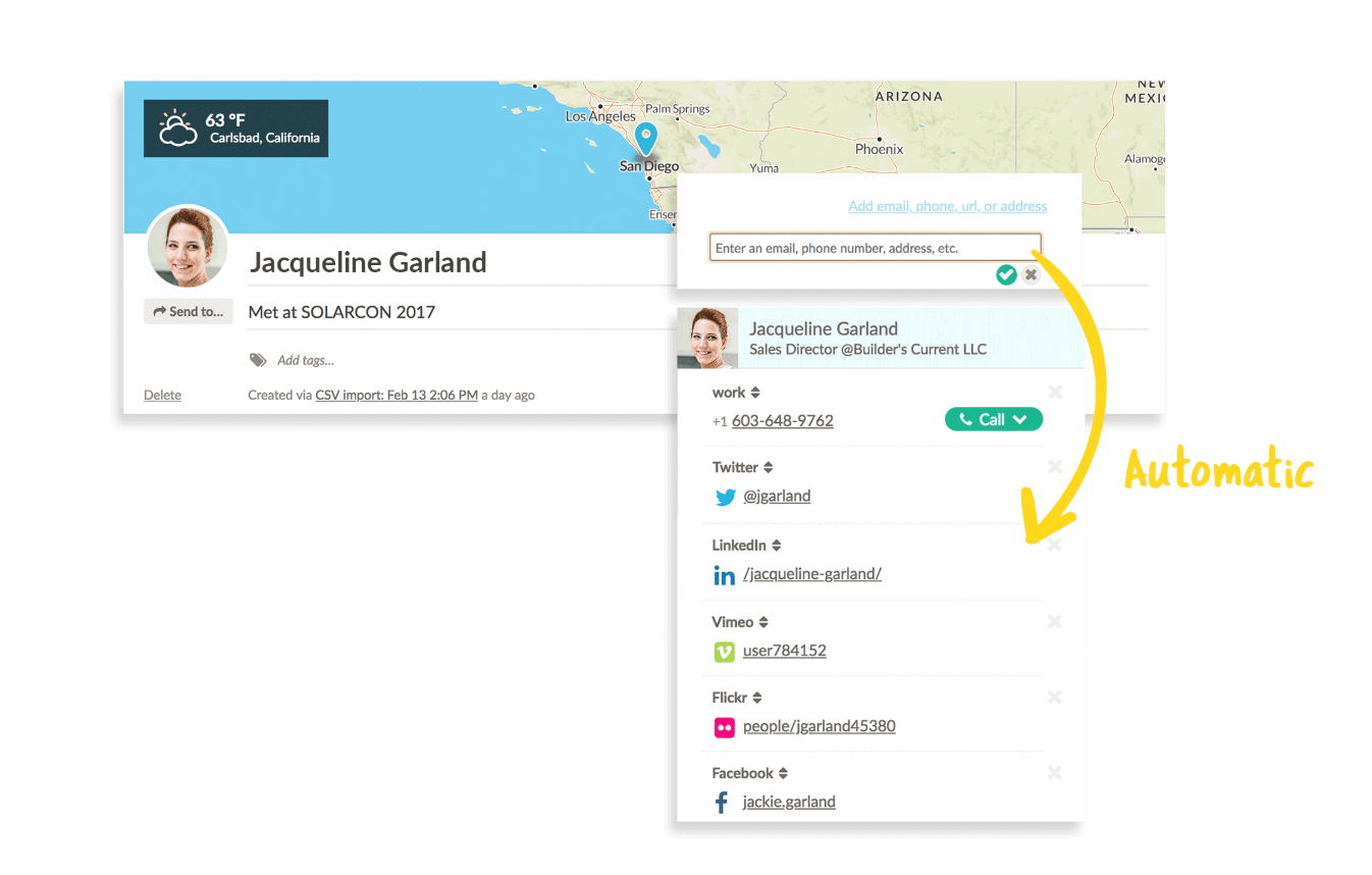 Nutshell contact management software automatic information scrape of contact from the web example.