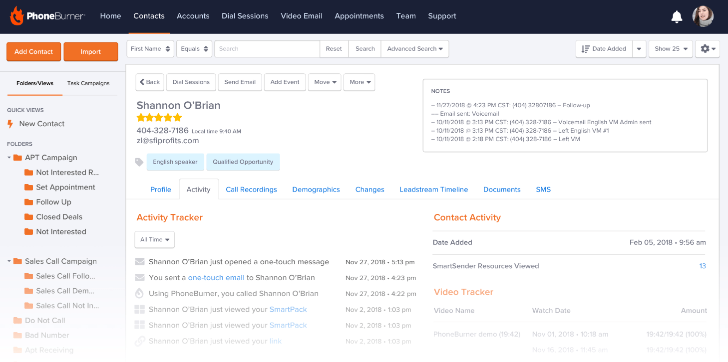 PhoneBurner contact data page