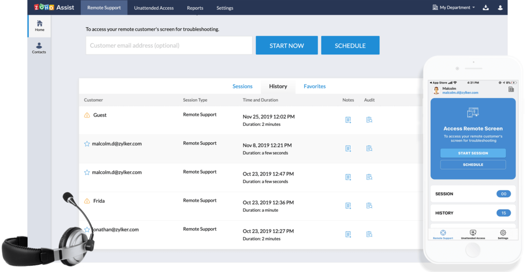 Zoho Assist live session transfer files remote access demo screen.