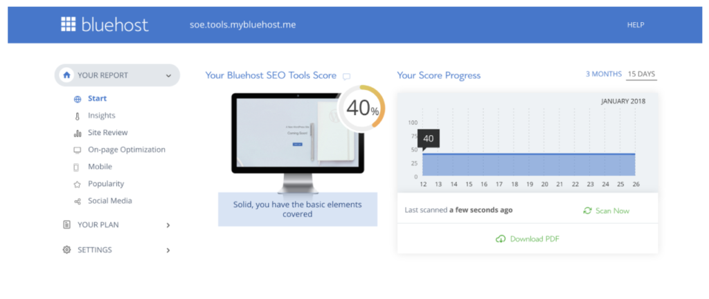 Bluehost's SEO dashboard and progress monitoring page.