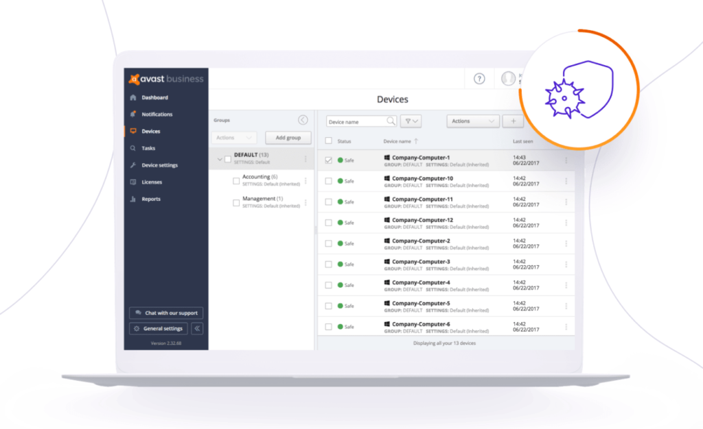 Avast Business Antivirus endpoint security software device management page example.