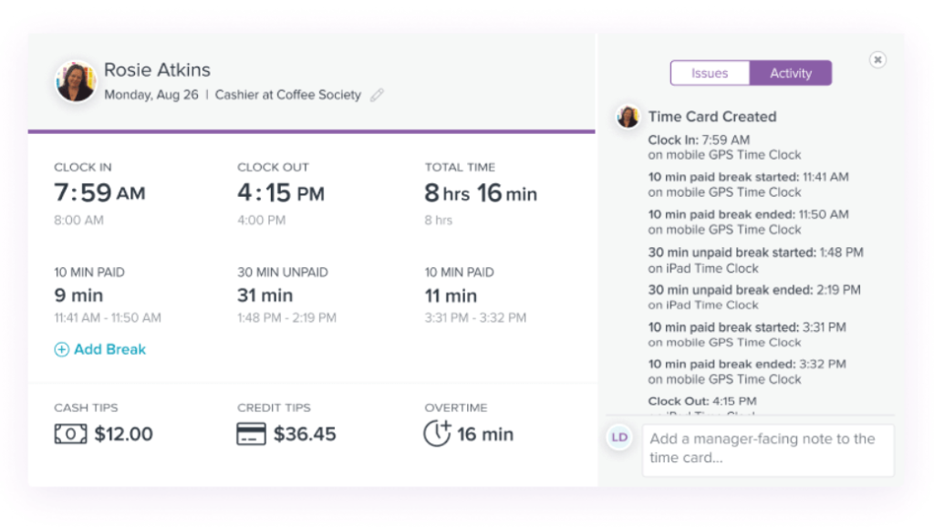 Homebase employee hour tracking and data example.