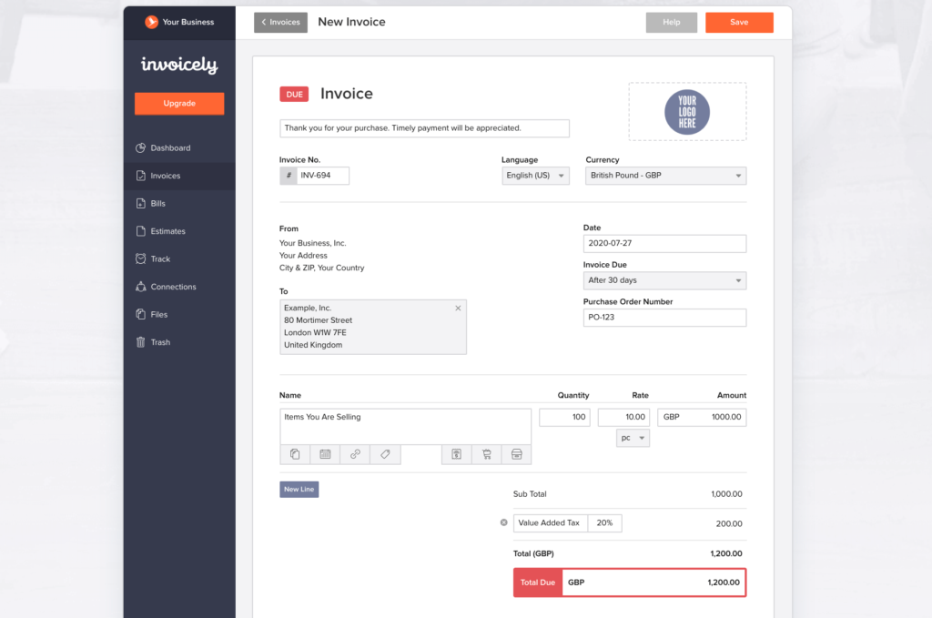 Invoicely billing and invoicing software invoice dashboard example.