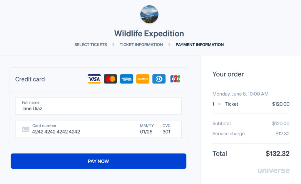 Stripe online credit card processing example.