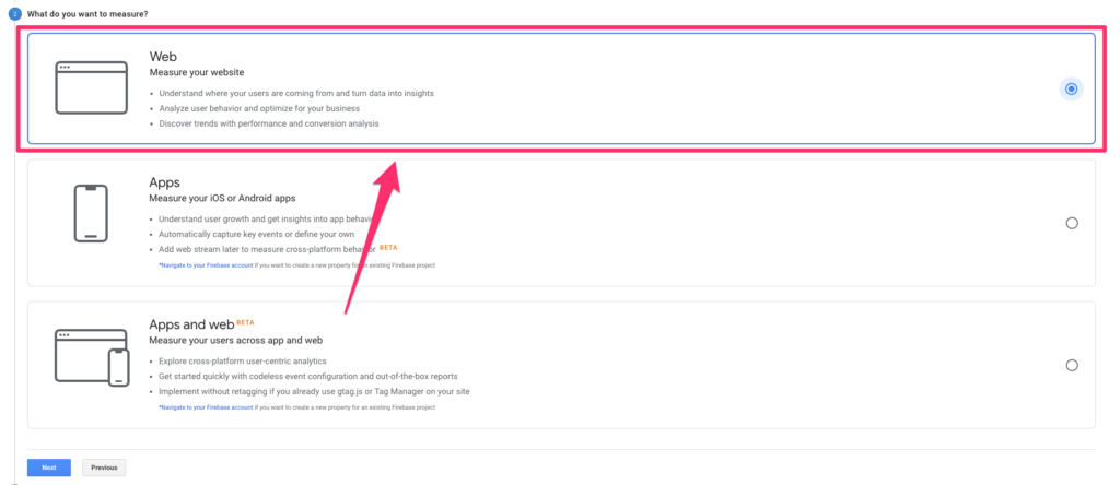 Google Analytics measure a website, an app, or a combination of both prompt example.