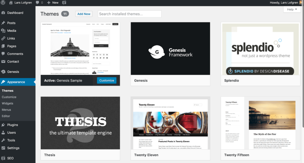 WordPress dashboard on appearance theme to manage uploaded themes example.
