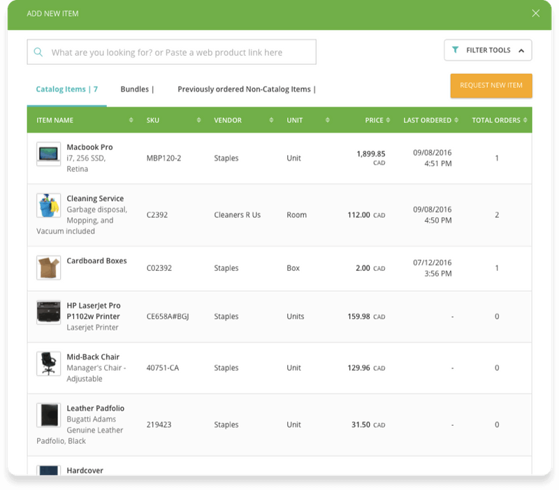 Procurify purchase order software catalog example.