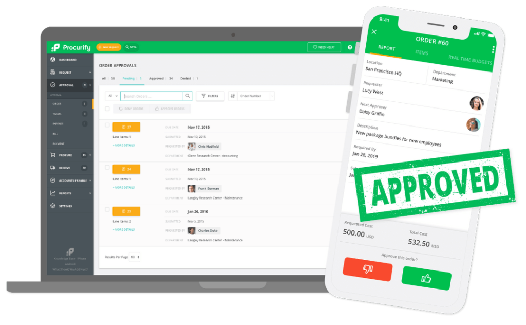 Procurify purchase order software order approval dashboard on multiple devices example.