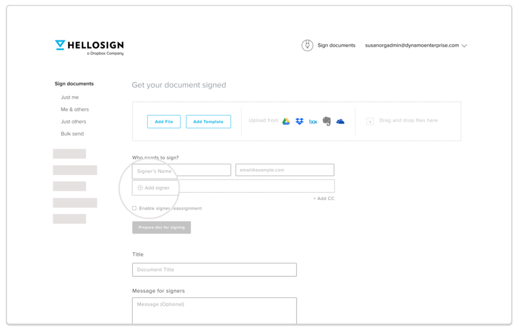 HelloSign electronic signature software electronic document setup template example.