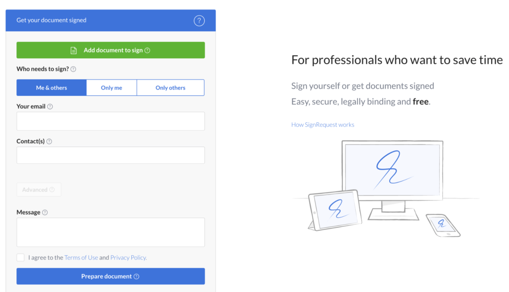 SignRequest electronic signature software simple template for electronic signature document setup and send via email with multiple device example.