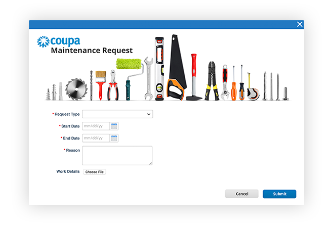 Coupa Procurement purchase order software maintenance request form example.