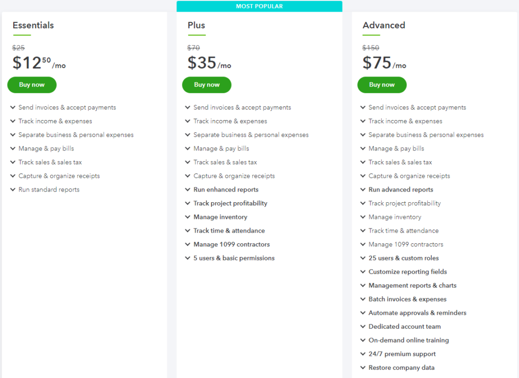 Quickbooks purchase order software pricing page.