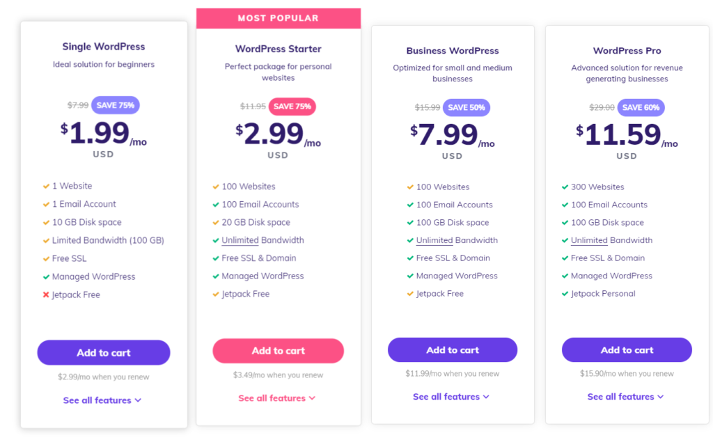 Hostinger pricing page.