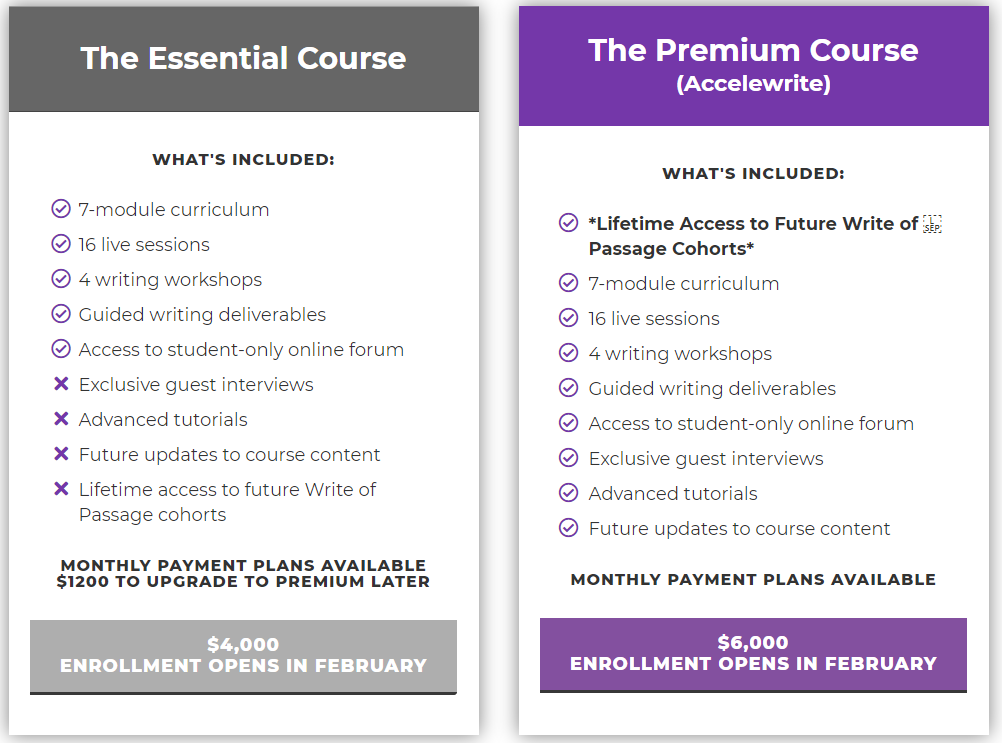 Write of Passage essential vs. premium course pricing plans with features.