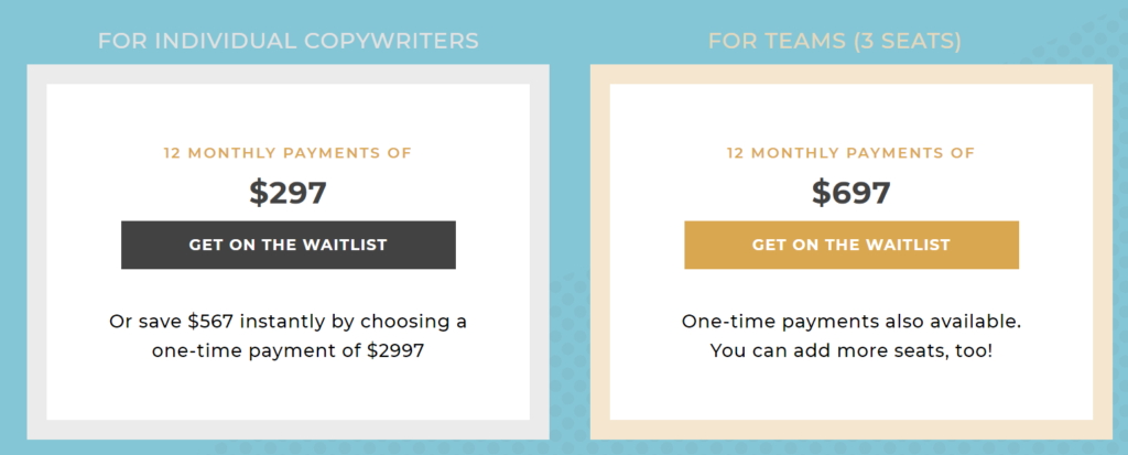 Copy School online writing course pricing plans.