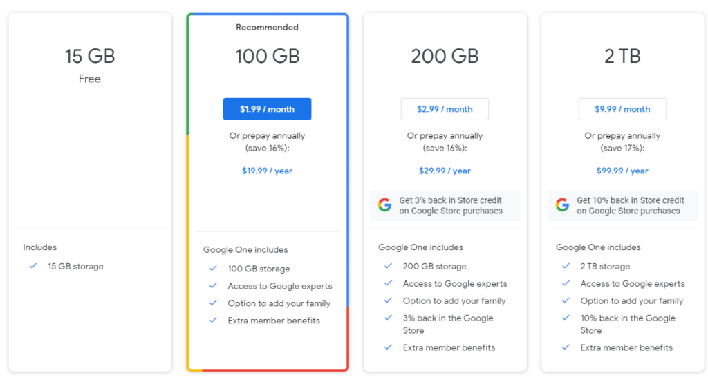 Google Drive cloud storage service pricing plans.