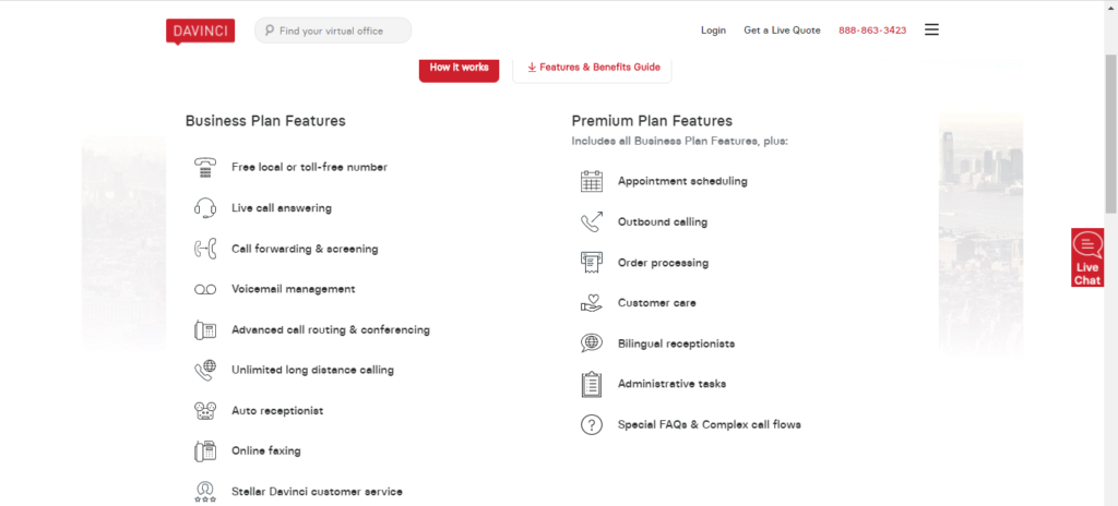 Davinci virtual office solutions pricing plans with features.