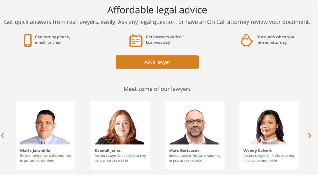 Rocket Lawyer affordable legal advice page example.
