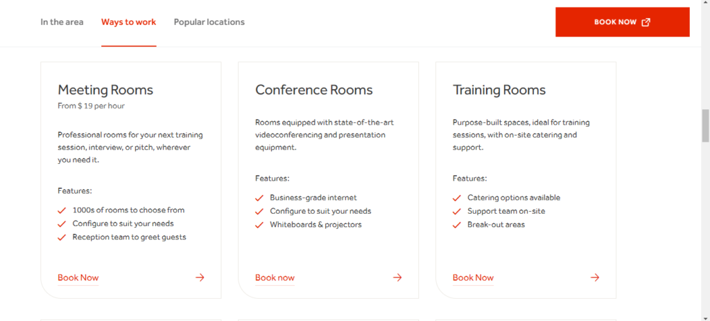 Regus virtual office ways to work: meeting rooms, conference rooms, training rooms page.