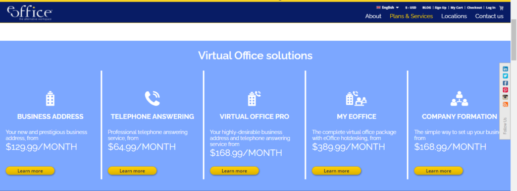 EOffice virtual office service pricing plans.