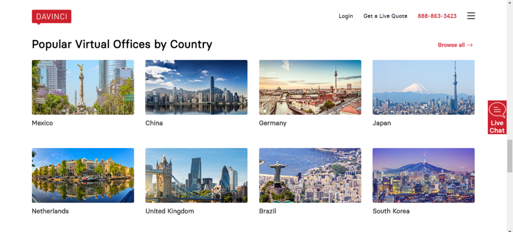 Davinci Virtual Office Solutions popular virtual offices by country page.