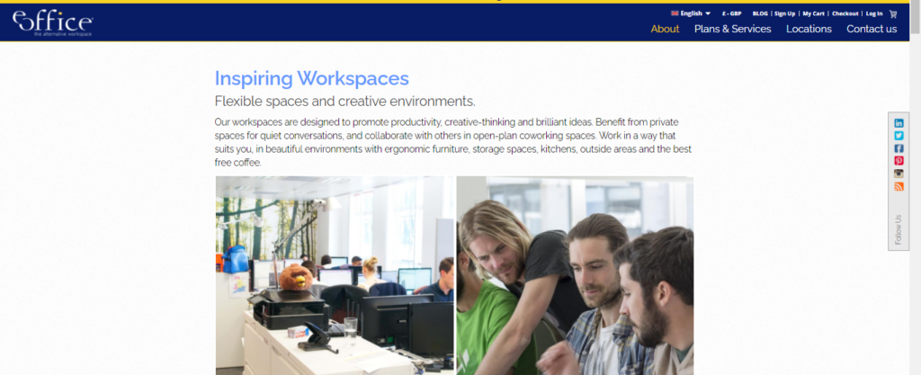 EOffice virtual office service inspiring workspaces homepage.