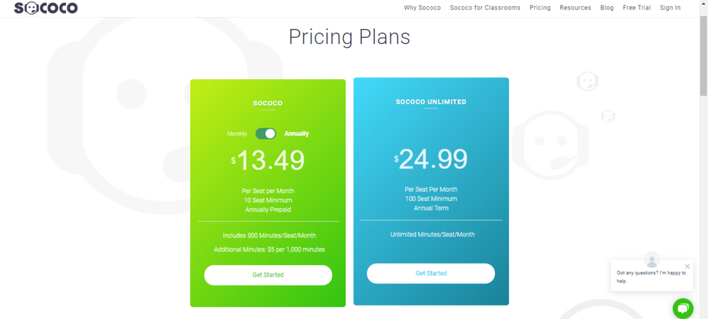 Sococo virtual office services and solution pricing plans.