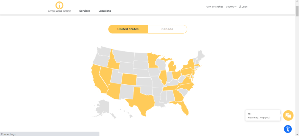 Intelligent Office virtual office service location map page.