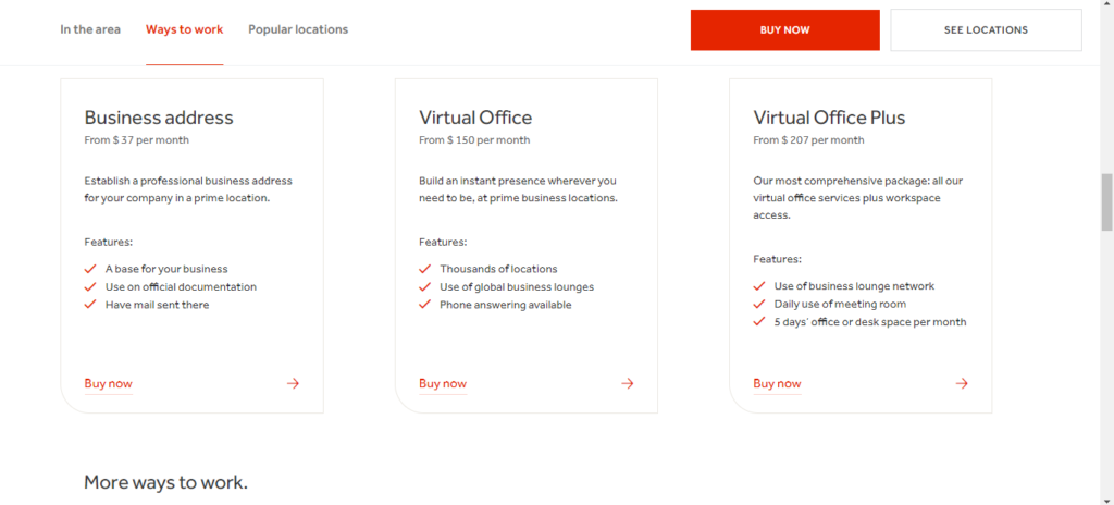 Regus virtual office solution ways to work: business address, virtual office, virtual office plus pricing plans with features.