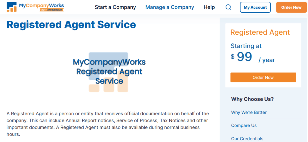 MyCompanyWorks registered agent service page.
