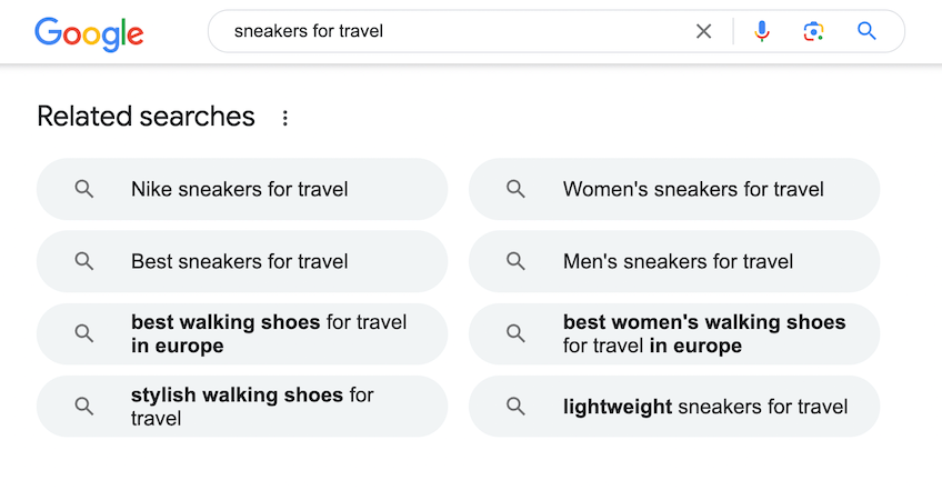 Screenshot of related searches in Google for the search term "sneakers for travel"
