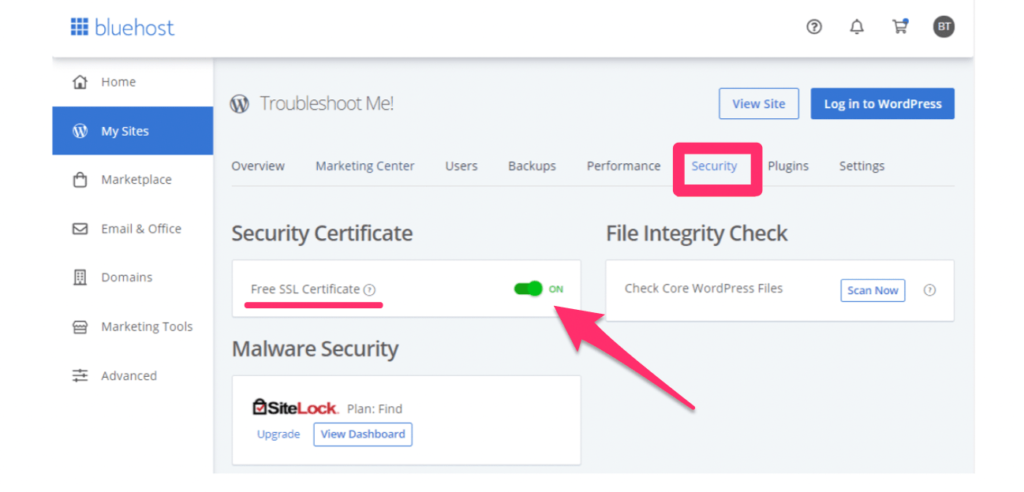 Bluehost enable SSL certificate screen.