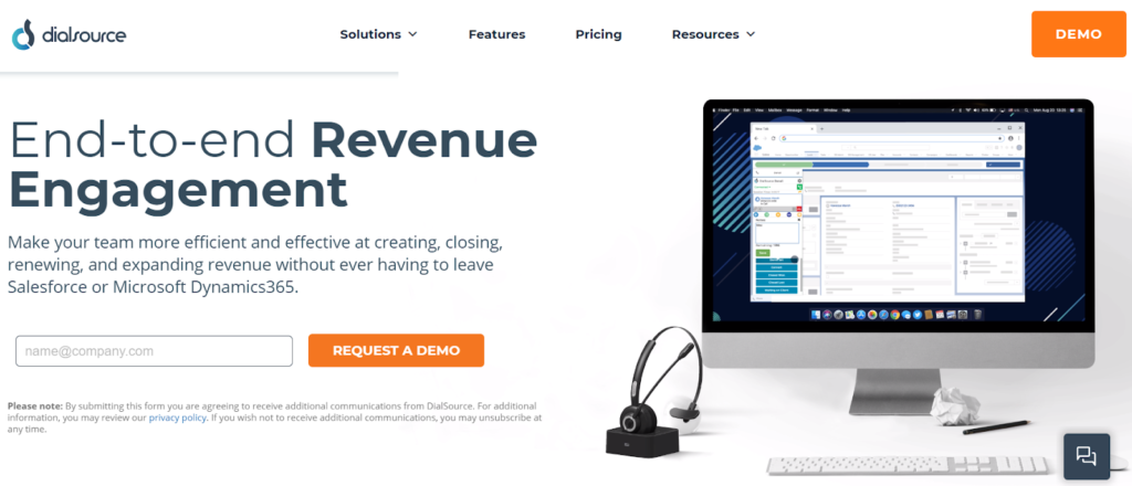 DialSource call recording software end-to-end revenue engagement request a demo page.