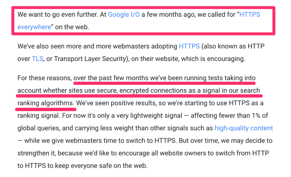 A screenshot of a Google announcement about HTTPS.