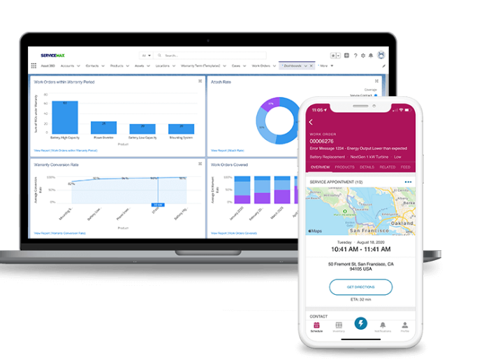 ServiceMax Asset 360 work order software work order example on multiple devices.