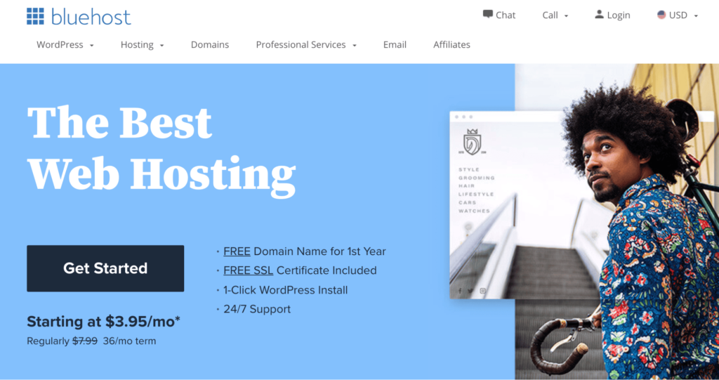 Bluehost web hosting get started homepage.