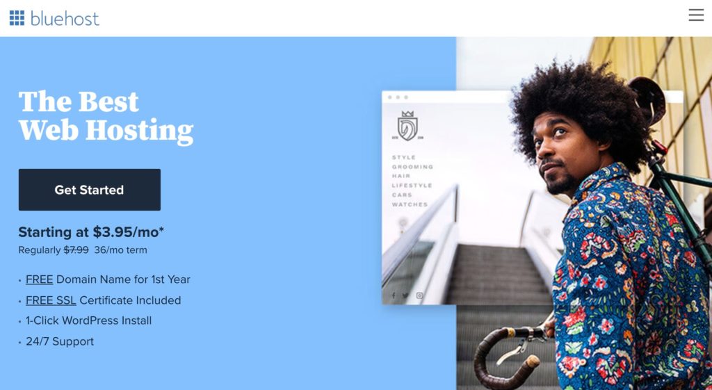 Bluehost web hosting provider homepage.