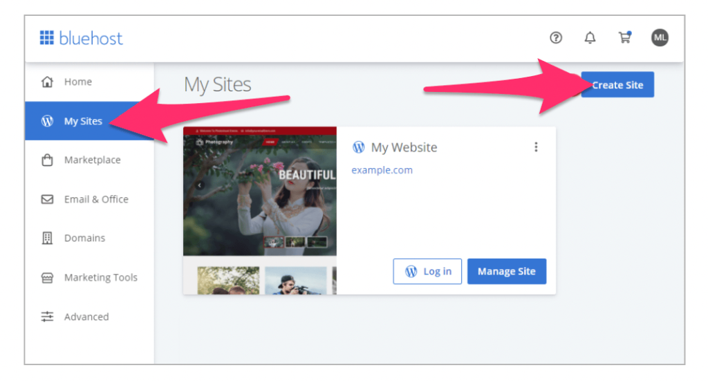Bluehost web hosting my sites and create sites buttons.