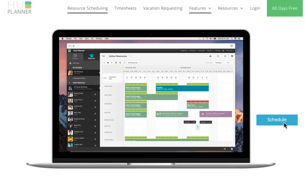 Hub Planner resource management software workflow, assignments, and schedule example on laptop.