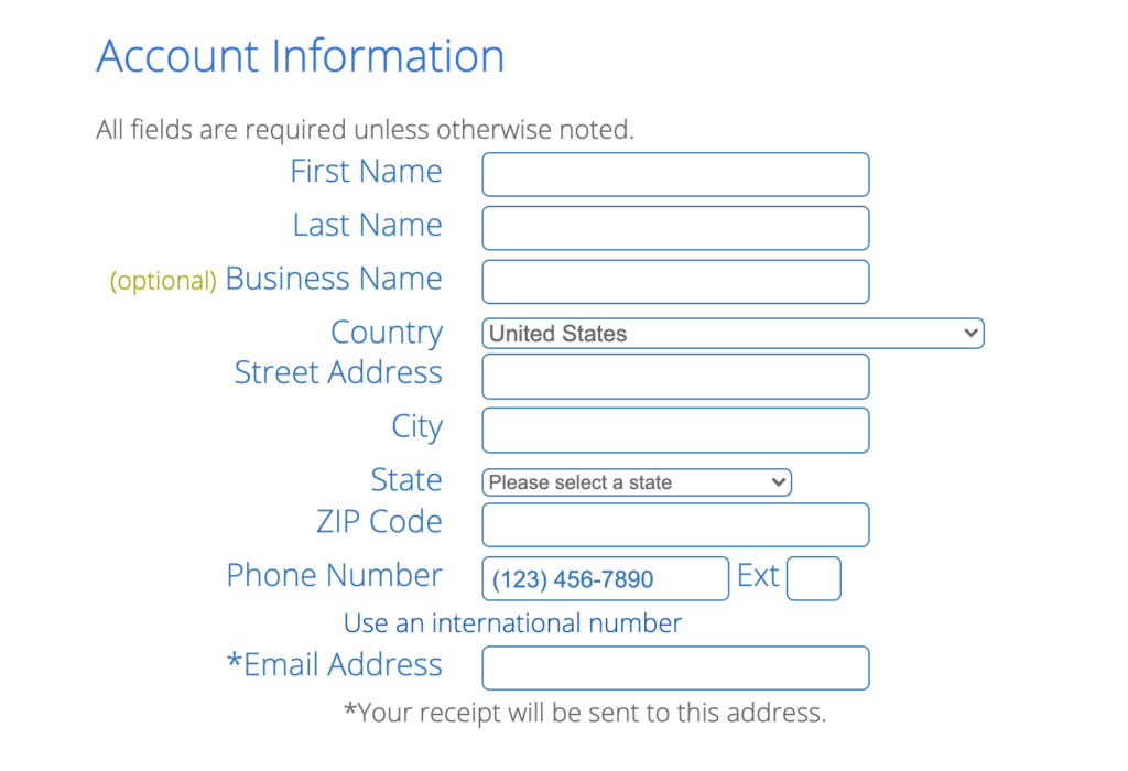 Bluehost account information fill in form screen.