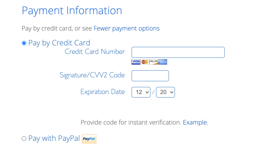 Bluehost payment form.