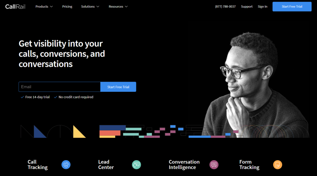 CallRail call recording software start free trial page.