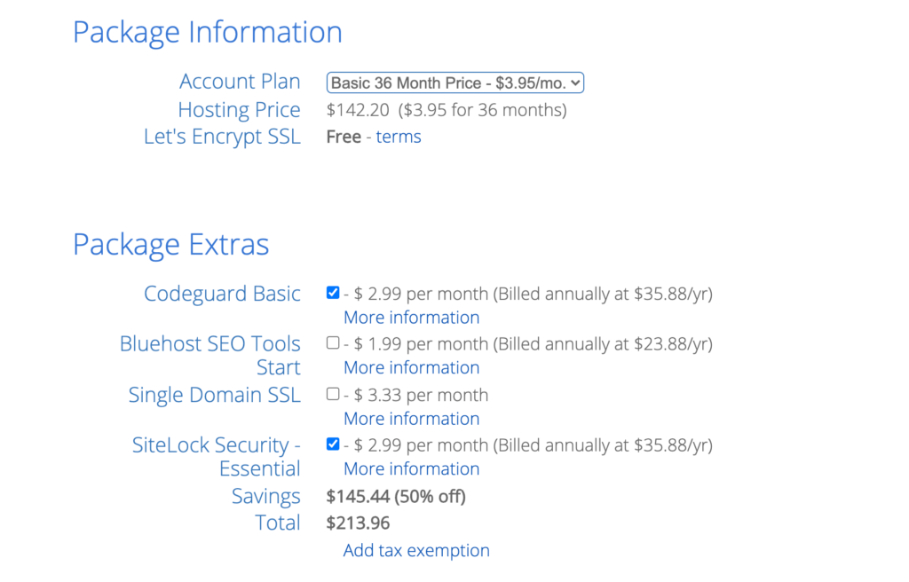 Bluehost web hosting package information and package extras example.