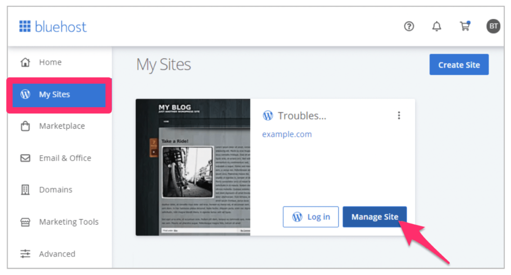 Bluehost my site - manage sites screen.