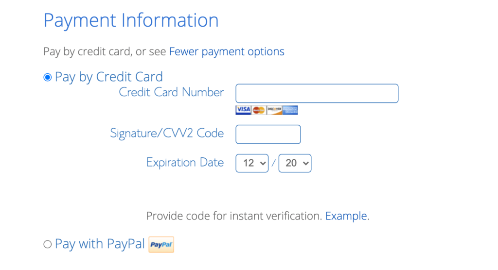 Bluehost web hosting payment information fill in form screen.