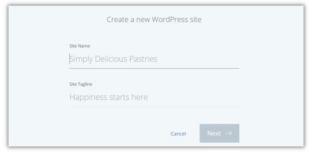 Create a new WordPress site - site name and site tagline example.