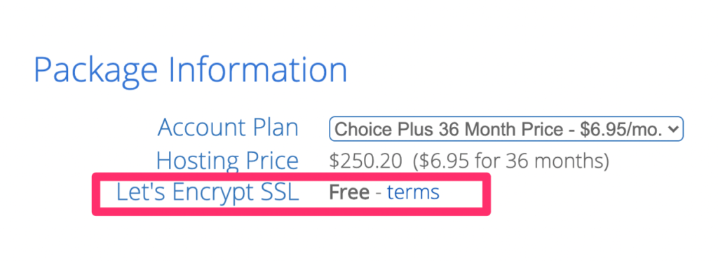 Bluehost checkout and package information.