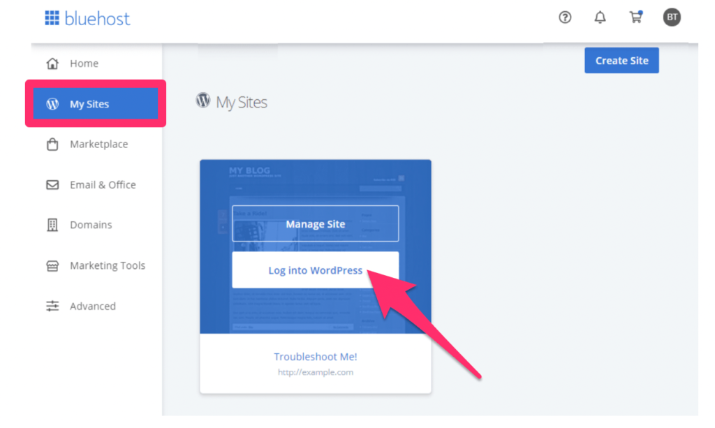 Bluehost web hosting log into WordPress screen.