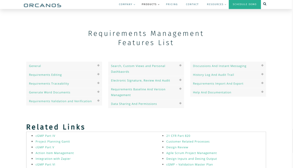 Orcanos requirements management tool features list page.