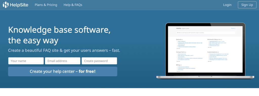 HelpSite knowledge base software create your help center page.